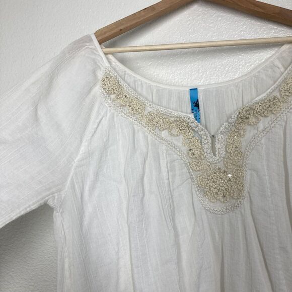 Free People Shirt Womens Large cream Boho Peasant Tunic Embroidered Beaded - Picture 7 of 16
